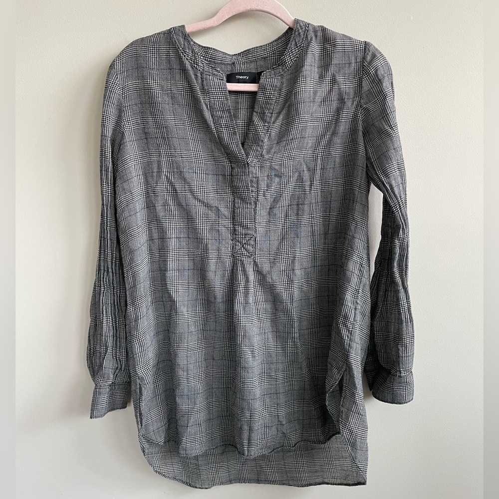Theory Orvinio Pinedale Glen Plaid Virgin Wool Blend Long Sleeve Blouse